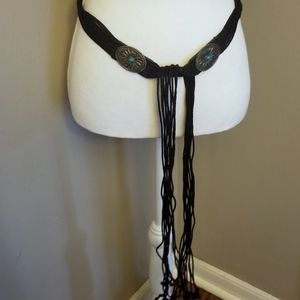 Vintage turquoise and black fringe tie hip belt